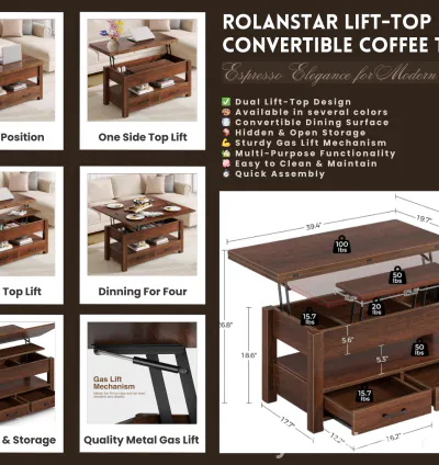 Rolanstar Lift-Top Convertible Coffee Table