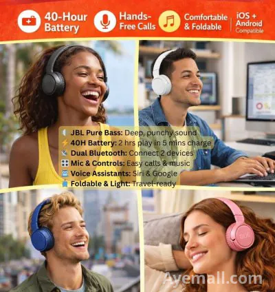 JBL Tune 510BT Wireless On-Ear Headphones (Bluetooth, 40 hours battery, microphone, foldable, Android and iOs)